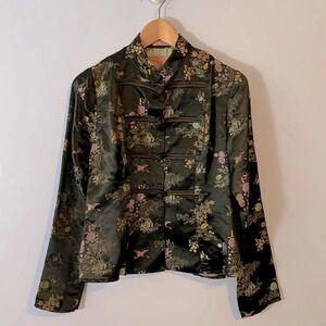 Forever 21 frog knot Chinese satin button up jacket blazer top black rainbow M